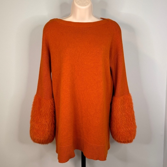 Anthropologie Sweaters - Anthropologie Colma Orange Boat Neck Faux Fur Sleeve Tunic Sweater - Size Small